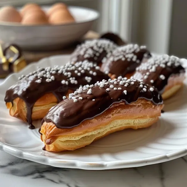 Side view of delicious mini éclairs coated in rich chocolate, highlighting their creamy filling.