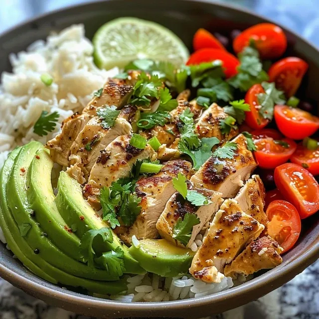Side view of a vibrant rice bowl featuring chicken, avocado, and fresh toppings.