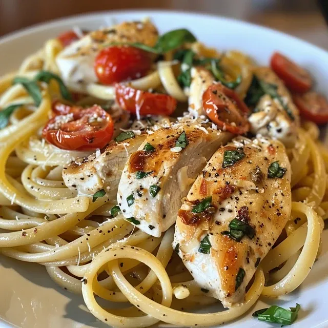 Side view of a delicious plate of chicken pasta in a creamy sauce.
