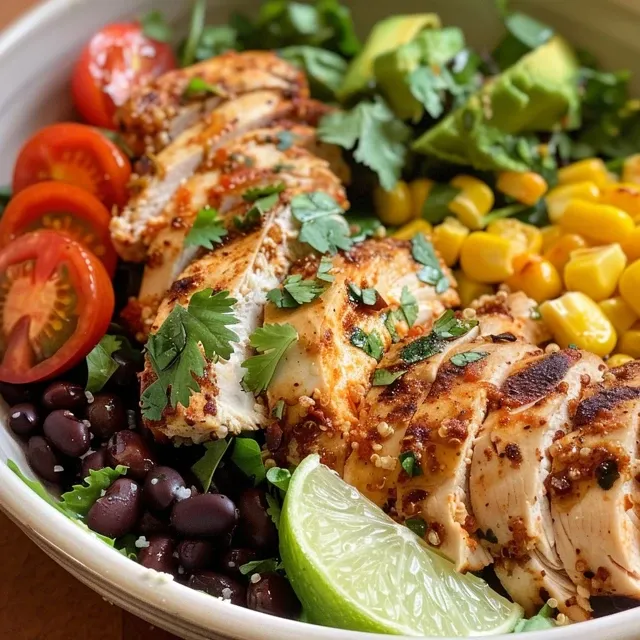 Side view of a colorful Chicken and Quinoa Bowl showcasing fresh toppings and ingredients.