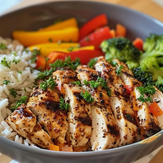 Close-up view of a nutritious bowl with sliced chicken, broccoli, bell peppers, and rice.