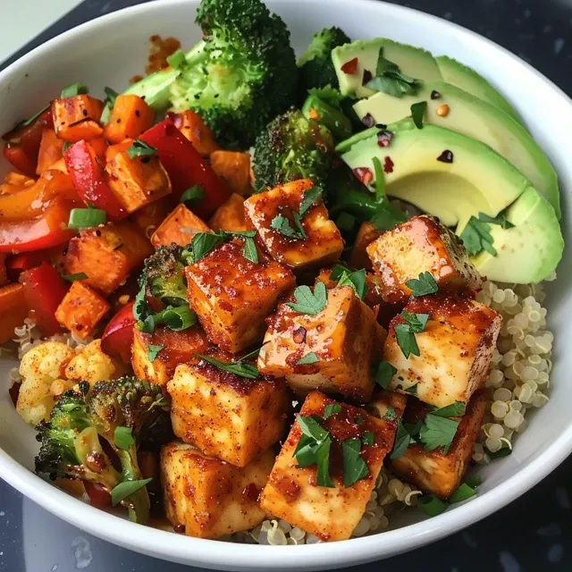 Side perspective of a vibrant quinoa bowl with cubed tofu, broccoli, and bell peppers.