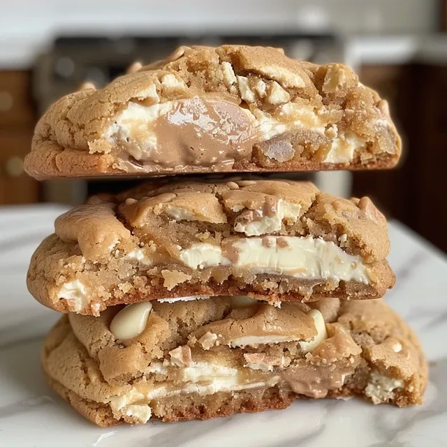 Close-up of a freshly baked cookie, with a gooey Biscoff center and white chocolate pieces visible.