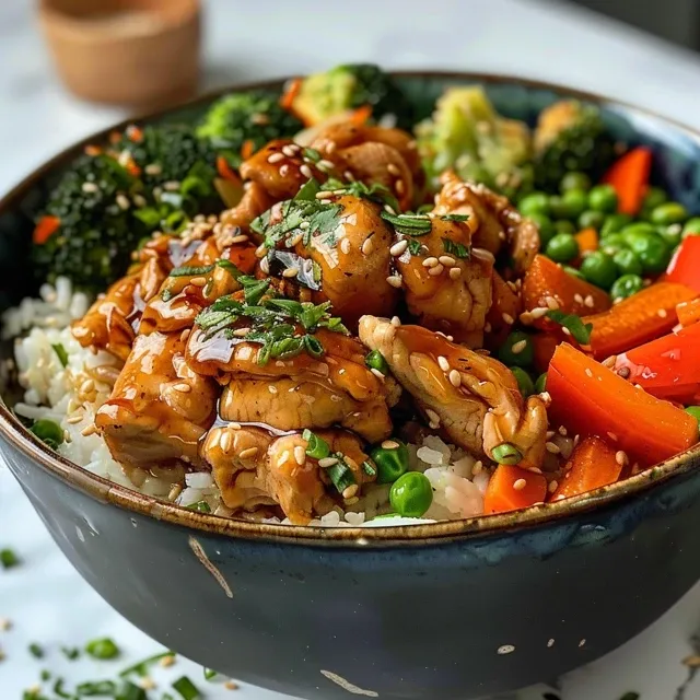 Side angle of a Teriyaki Chicken Bowl filled with chicken, broccoli, carrots, and rice.