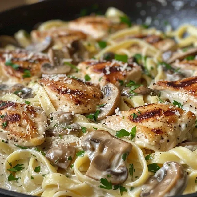 Juicy chicken pieces and mushrooms in a rich Alfredo sauce, served on a rustic wooden table.