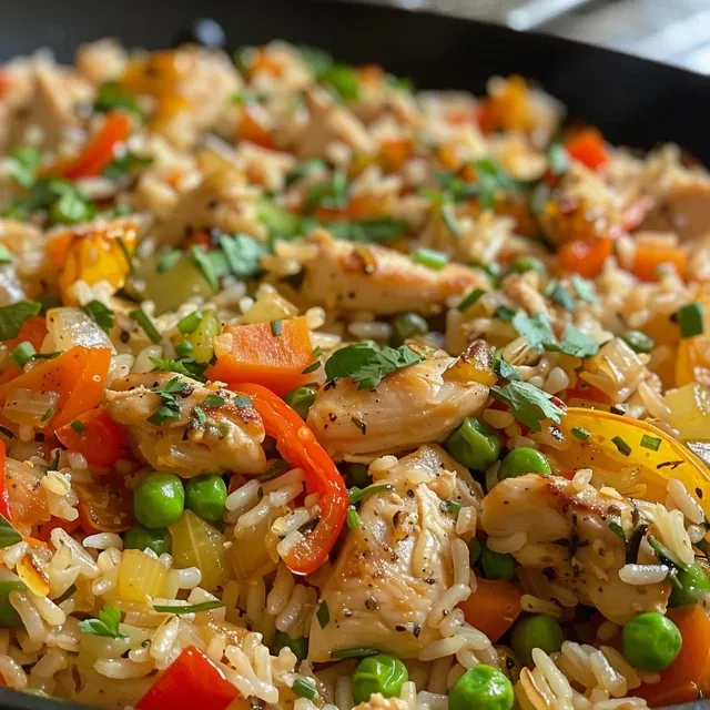 Side view of a delicious rice dish featuring chicken, bell peppers, and peas in a skillet.