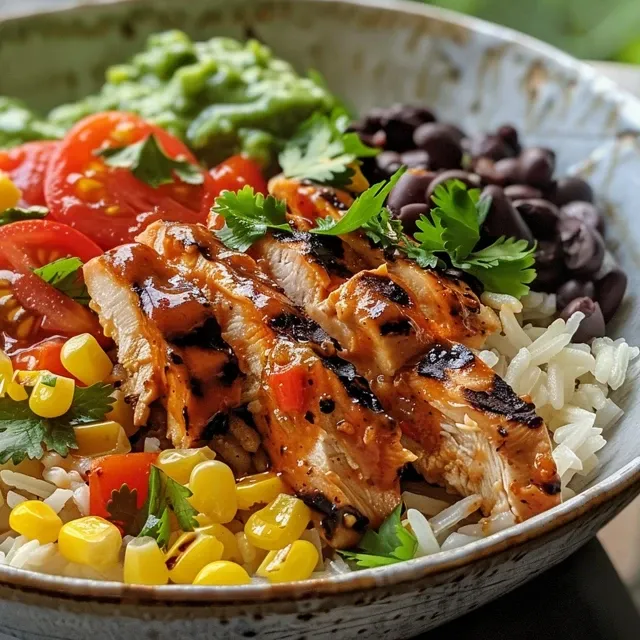 Side view of a flavorful Chipotle Chicken Bowl with rice and beans.