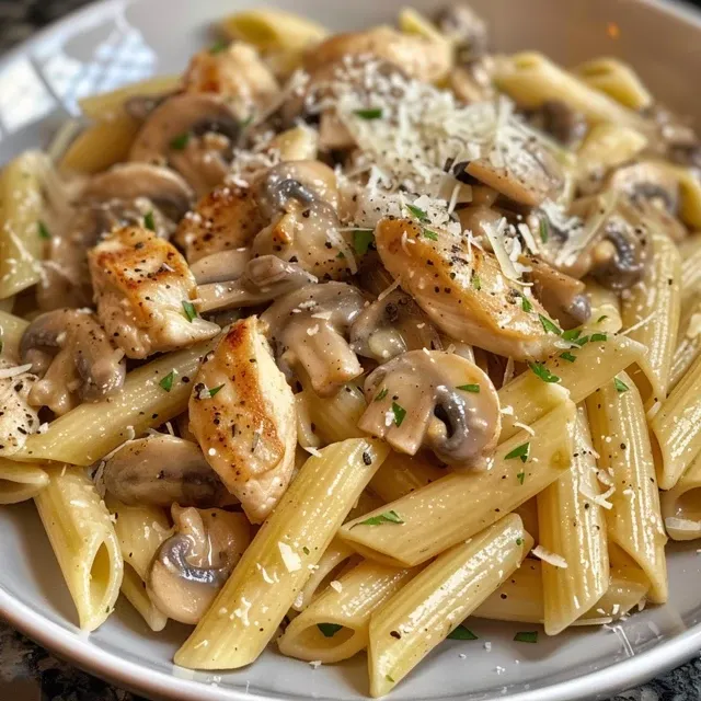 Side angle shot of a bowl filled with chicken and mushroom pasta in rich cream sauce.