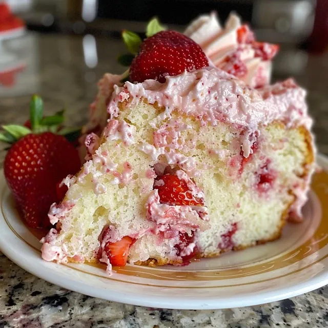 Close-up shot of strawberry milkshake pound cake showcasing its creamy pink layers and vibrant strawberries.