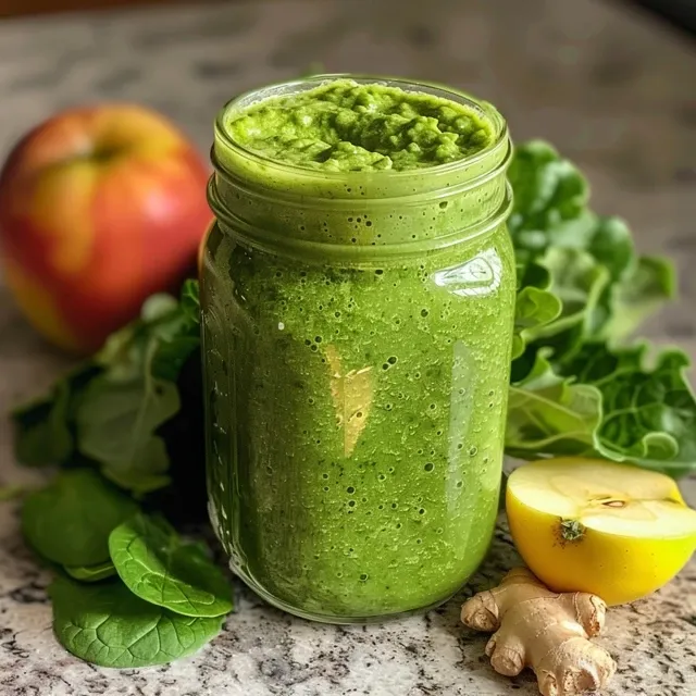 Side view of a vibrant green smoothie with apple and ginger in a clear cup.