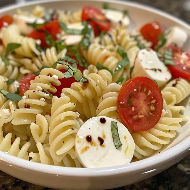 A colorful mix of fusilli pasta, fresh basil, and mozzarella cheese in a bowl.