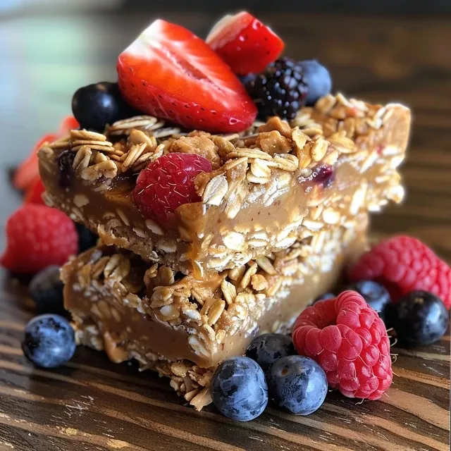 Tasty frozen yogurt granola bars with strawberries, blueberries, and raspberries, arranged on a plate.