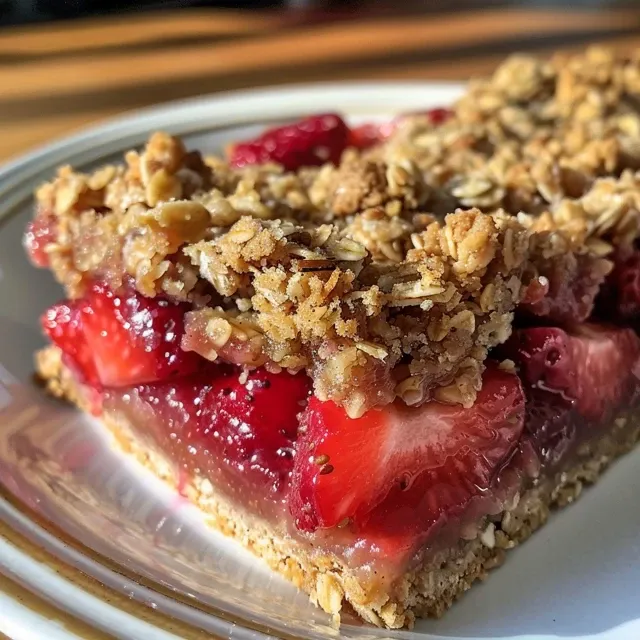 Side view of fresh strawberry oatmeal crumble bars showcasing juicy strawberries.
