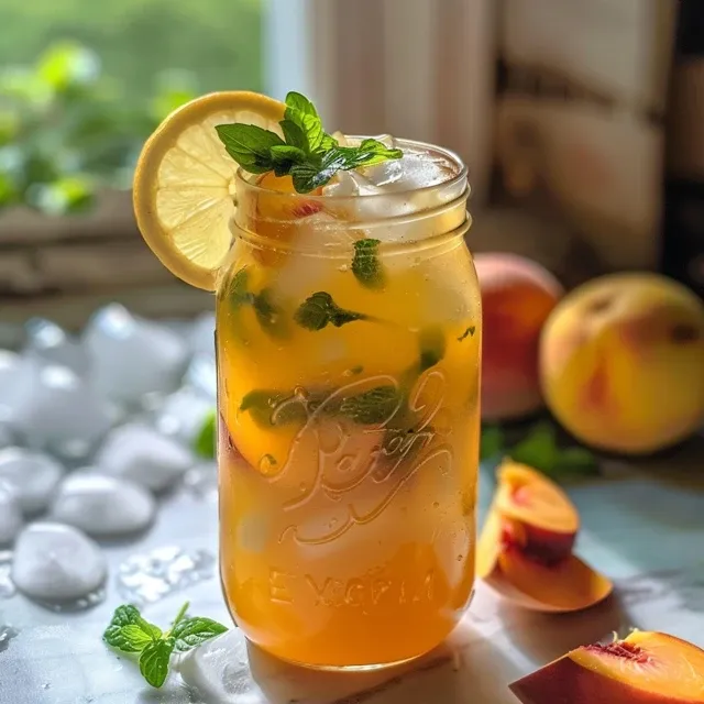 Close-up view of a tall glass filled with iced peach green tea lemonade, garnished with a peach slice.