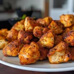 Juicy Air Fryer Chicken Bites displayed on a plate with a golden brown exterior.