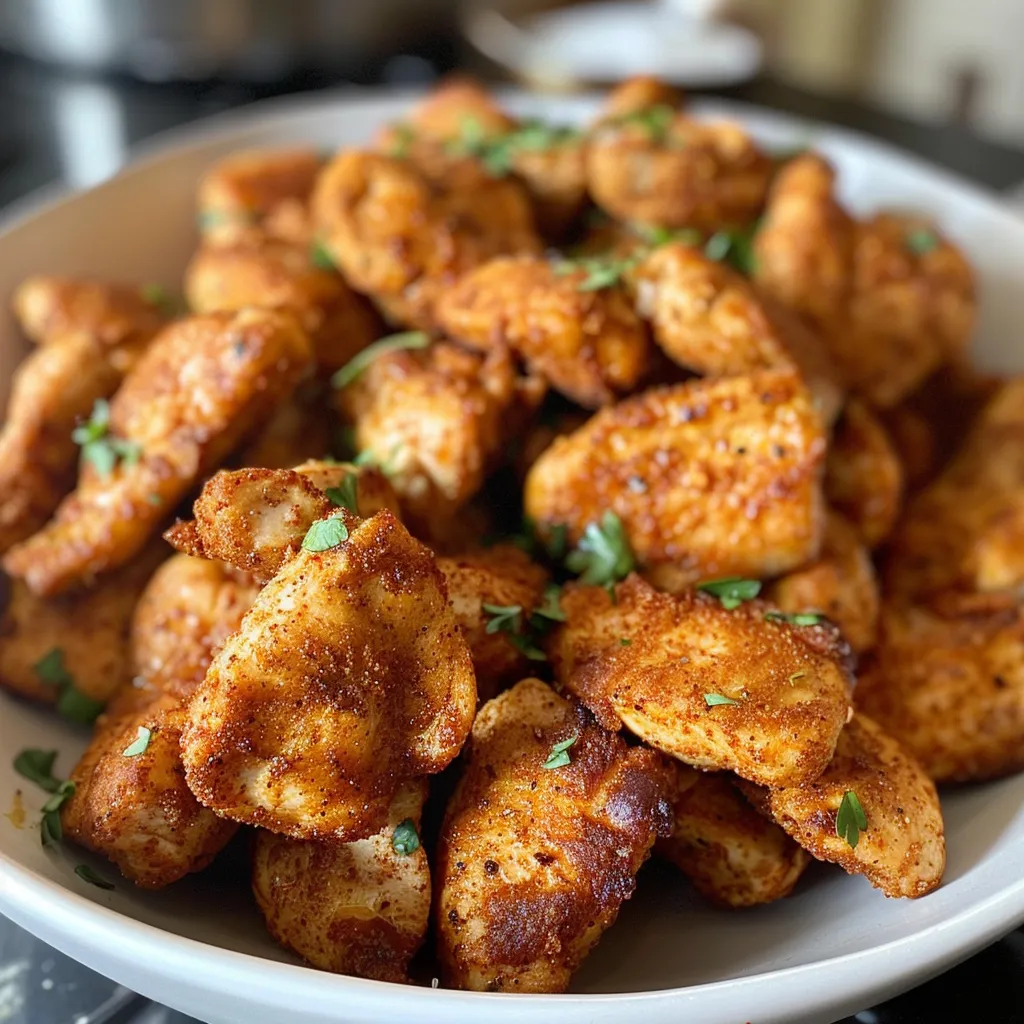 Close-up view of Air Fryer Chicken Bites showcasing crispy texture and seasoning.