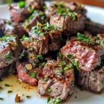 Juicy garlic butter steak bites in a close-up side view, glistening with melted butter and garlic.