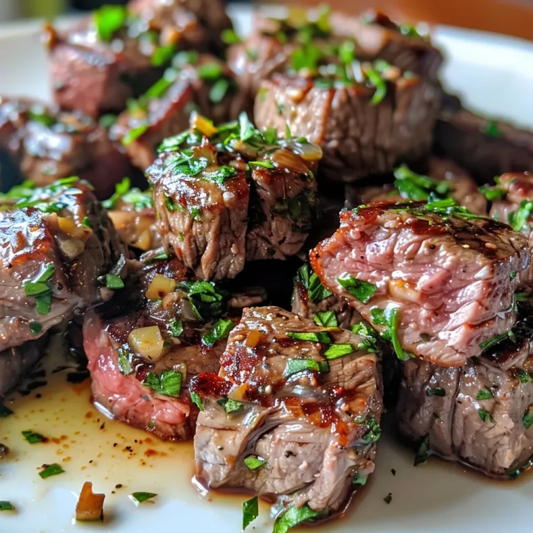 Juicy garlic butter steak bites in a close-up side view, glistening with melted butter and garlic.