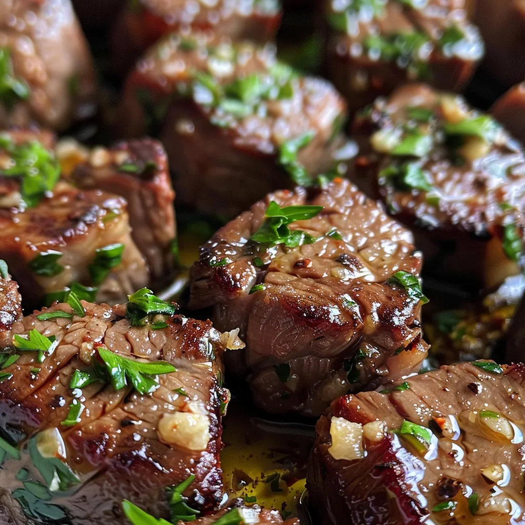 A plate of tender steak cubes cooked in garlic butter, captured in vibrant colors from a side angle.