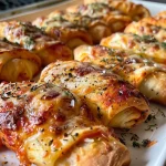 Close-up view of golden-brown air fryer pizza rolls arranged on a plate.