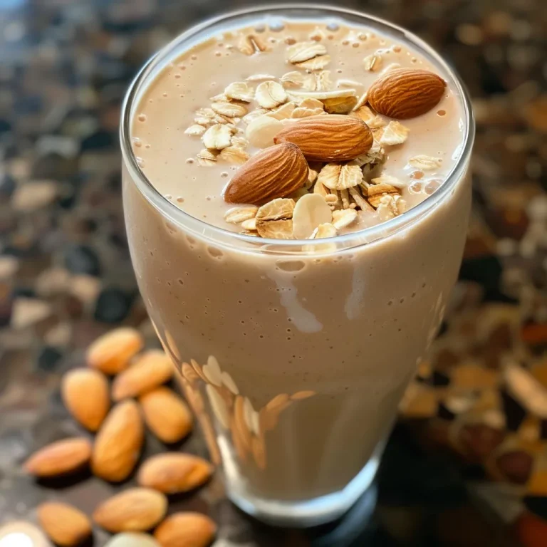 Awakening Mornings The Almond Smoothie That Energizes Your Day Close-up of a creamy almond smoothie in a glass with a side view.