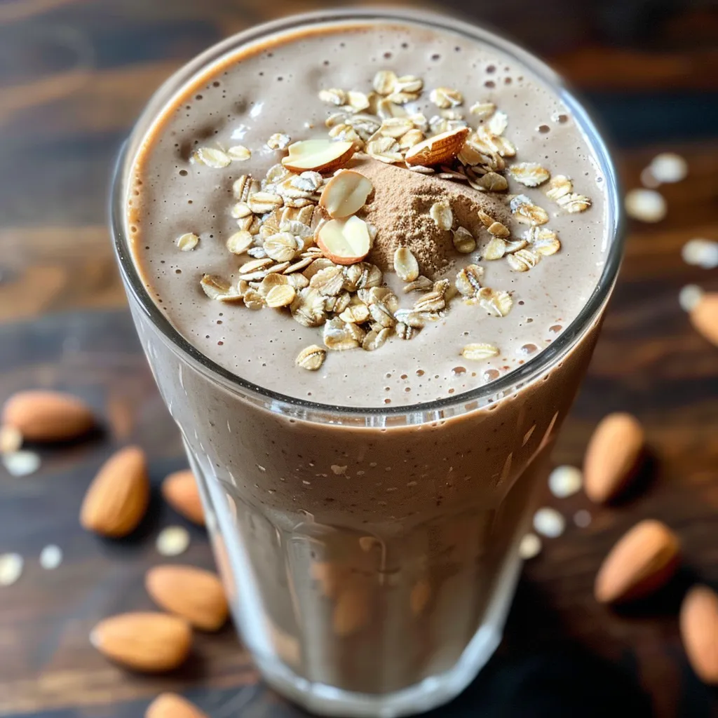 Side view of a delicious almond smoothie, showcasing its frothy texture.
