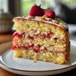Close-up view of a moist almond strawberry cake topped with fresh strawberries and almonds.