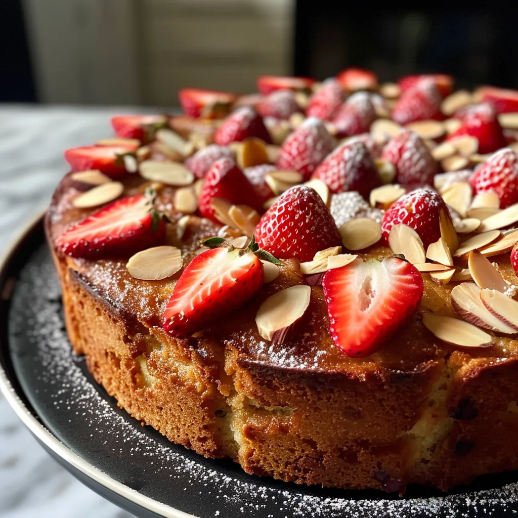 Side view of a layered almond strawberry cake, showcasing its fluffy texture and vibrant toppings.