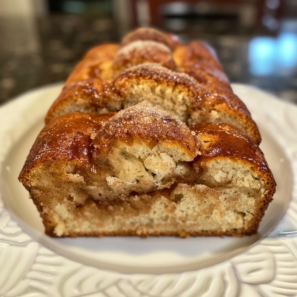 Side view of freshly baked Amish Cinnamon Bread with a golden crust and cinnamon topping.