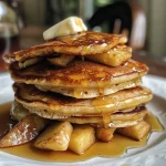 Close-up view of fluffy apple and cinnamon pancakes stacked on a plate.