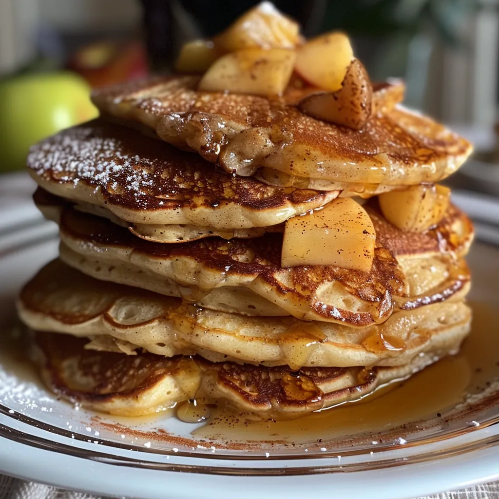 Side angle of delicious pancakes topped with diced apples and a drizzle of syrup.