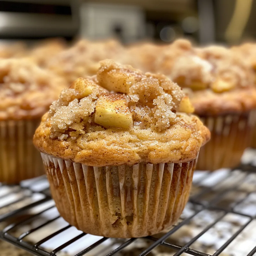 Juicy Apple Cinnamon Muffins with a crumbly texture, captured in a detailed side profile against a neutral background.
