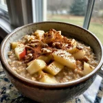 Close-up of a bowl filled with creamy Apple Cinnamon Oatmeal topped with diced apples.