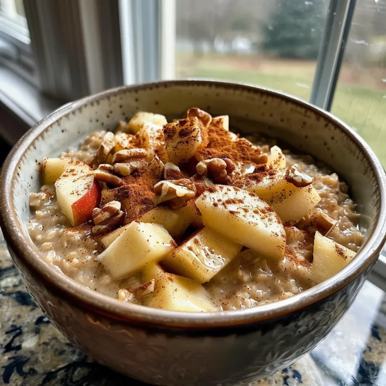 Close-up of a bowl filled with creamy Apple Cinnamon Oatmeal topped with diced apples.