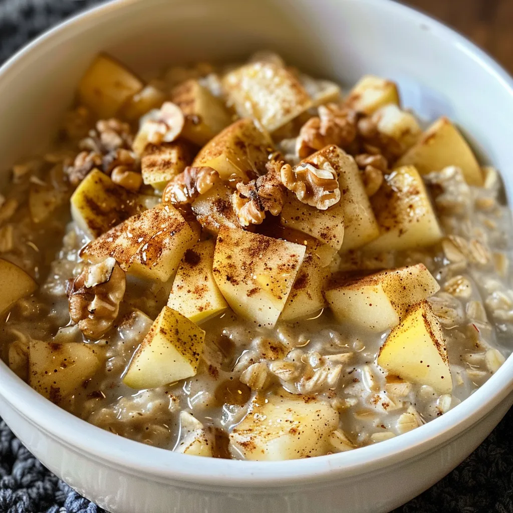 Side view of a delicious apple cinnamon oatmeal in a bowl, garnished with pecans and a drizzle of maple syrup.