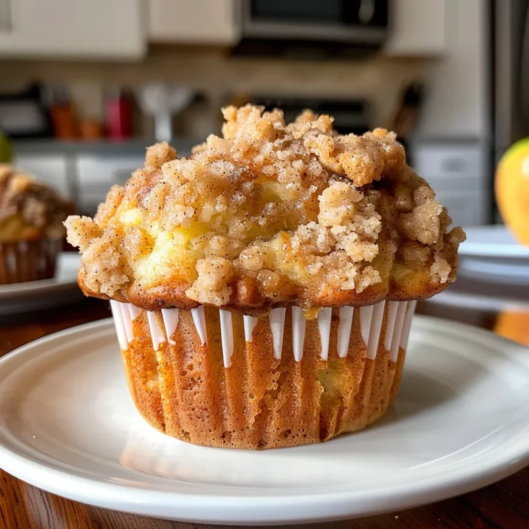 Close-up view of freshly baked apple cinnamon streusel muffins on a plate.