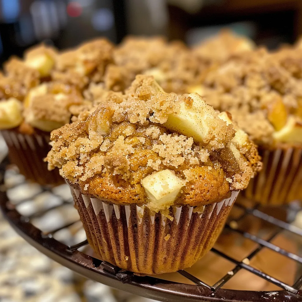 A side angle photo of golden brown apple cinnamon streusel muffins with a crumbly topping.