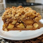 A close-up side view of a homemade apple crumb cake, showcasing the crumb topping and juicy apples.