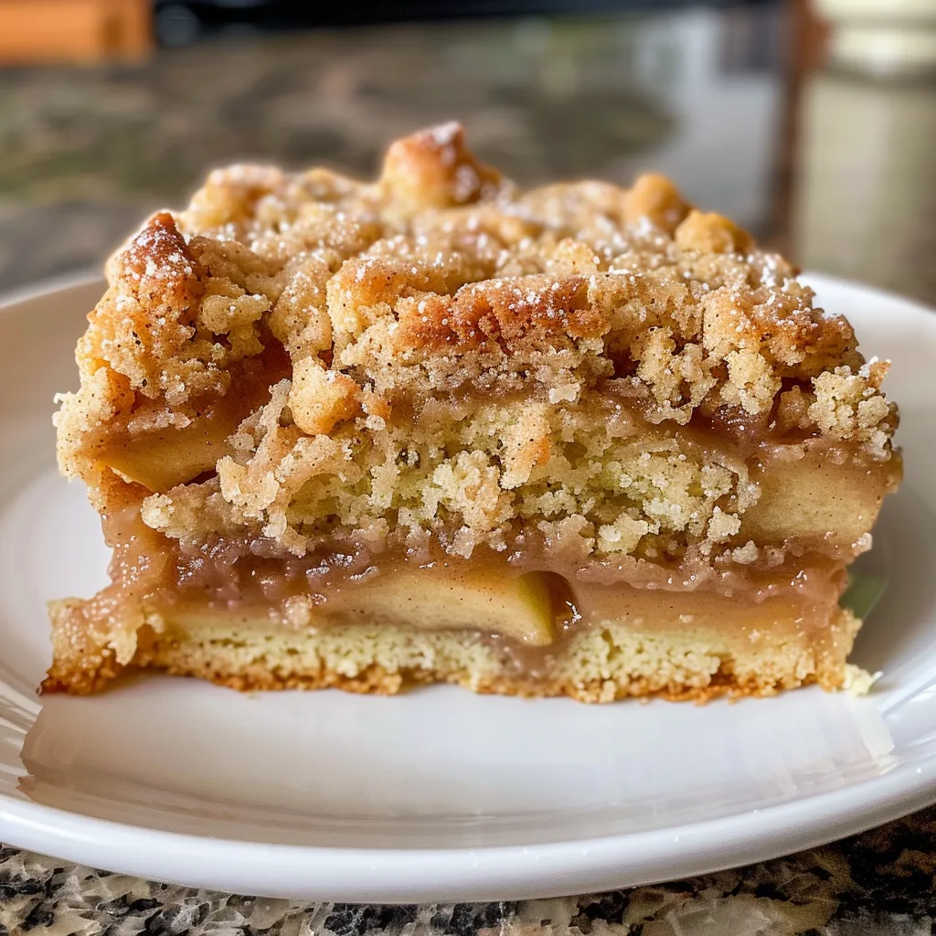 A vibrant apple crumb cake with a golden crumb layer, revealing slices of apple underneath.