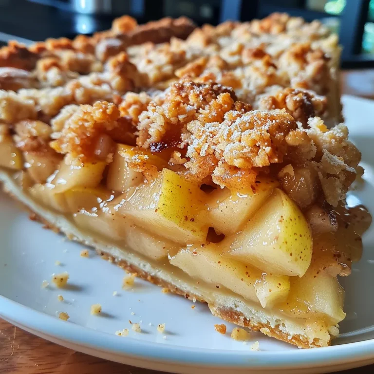 A Slice of Autumn The Apple Crumble Tart That Warms the Heart Close-up side view of a golden-brown apple crumble tart with a textured topping.