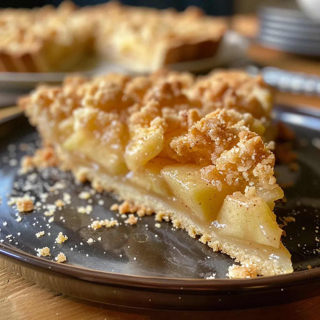 Juicy apple crumble tart with a crumbly, golden crust and visible apple slices.