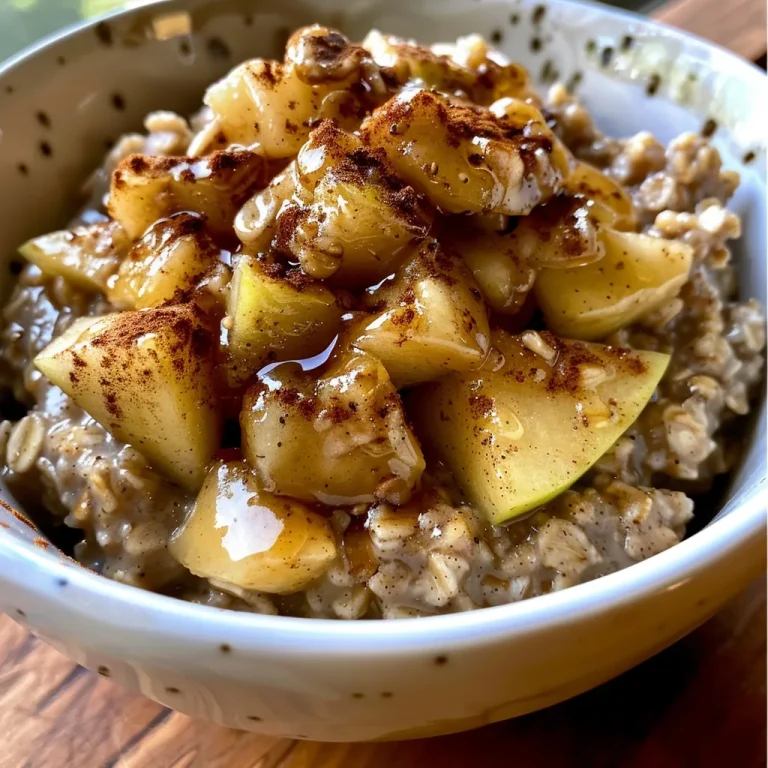 A Cozy Morning Ritual Crafting Apple Pie Oats for Heartfelt Mornings Close-up view of a bowl of Apple Pie Oats topped with diced apples and a honey drizzle.