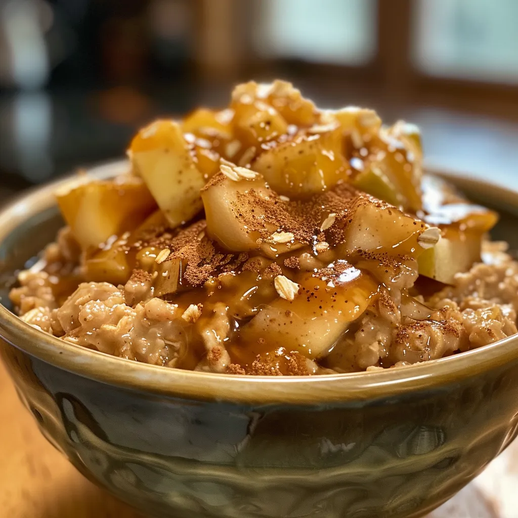 Side view of creamy Apple Pie Oats with a sprinkle of cinnamon and pieces of apple.