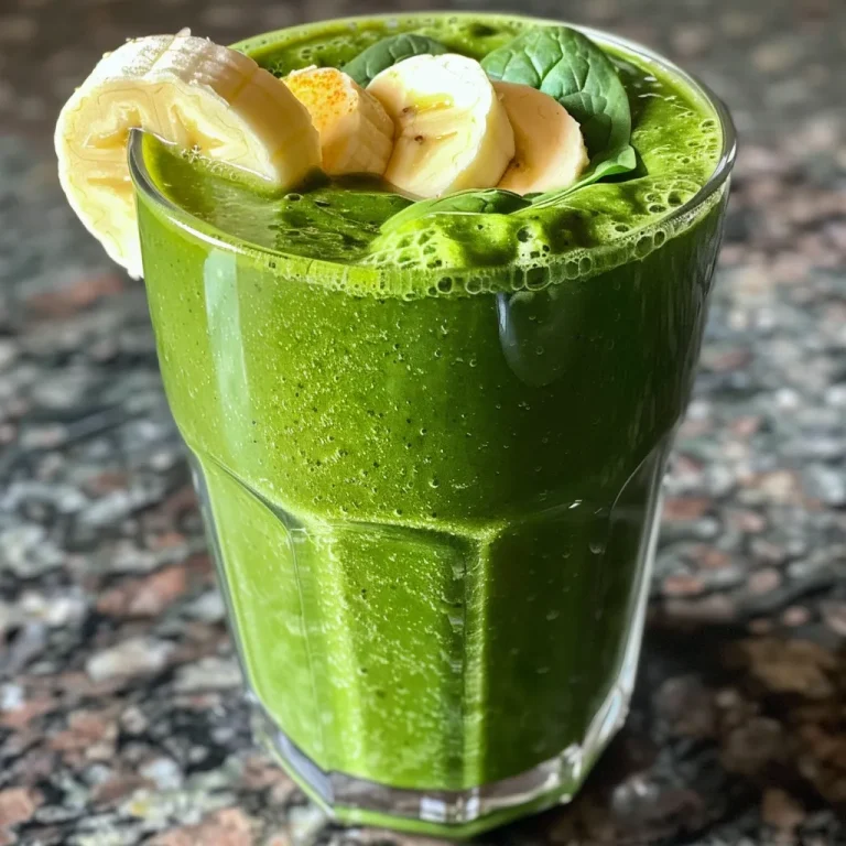 A Whirlwind of Freshness The Apple Spinach Smoothie That Energizes My Mornings A close-up view of a vibrant green apple spinach smoothie in a glass, with ice cubes on top.