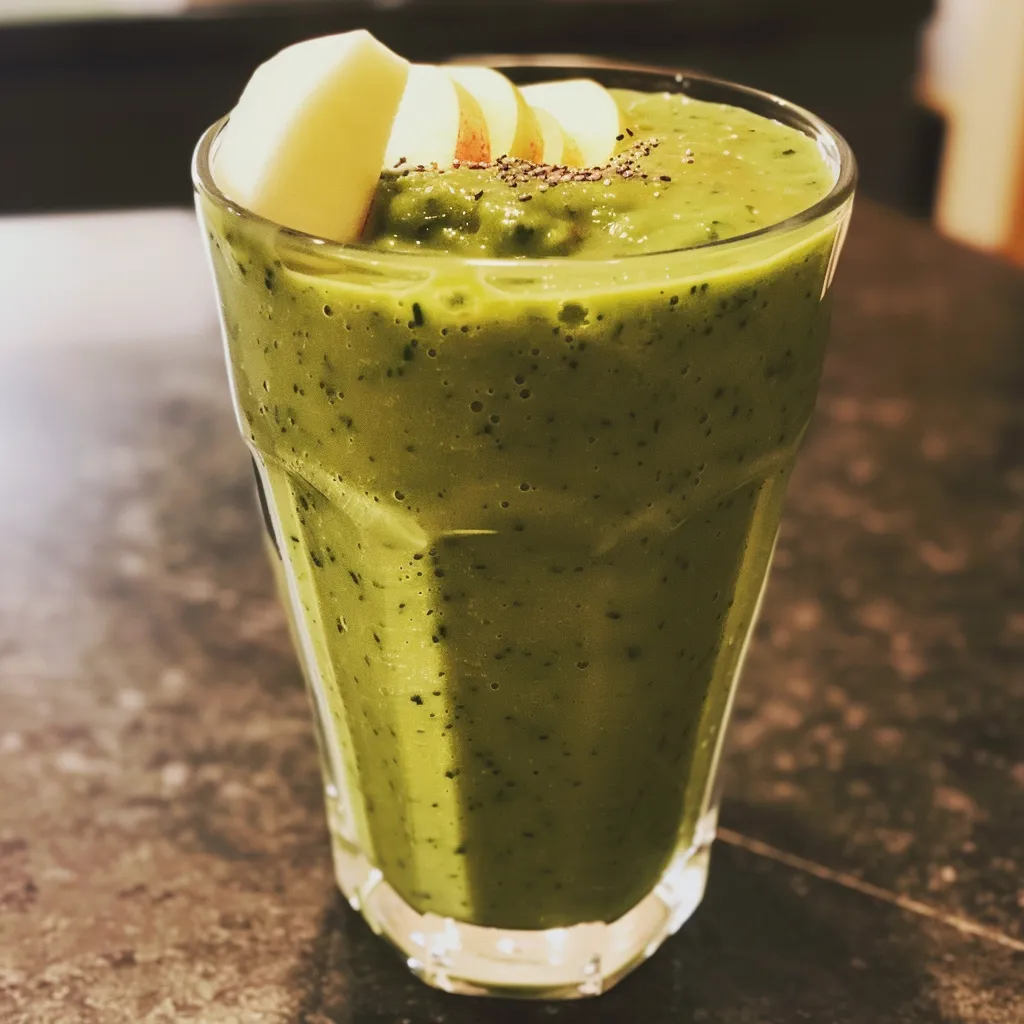 Side view of a refreshing apple spinach smoothie, showcasing its creamy texture and colorful ingredients.