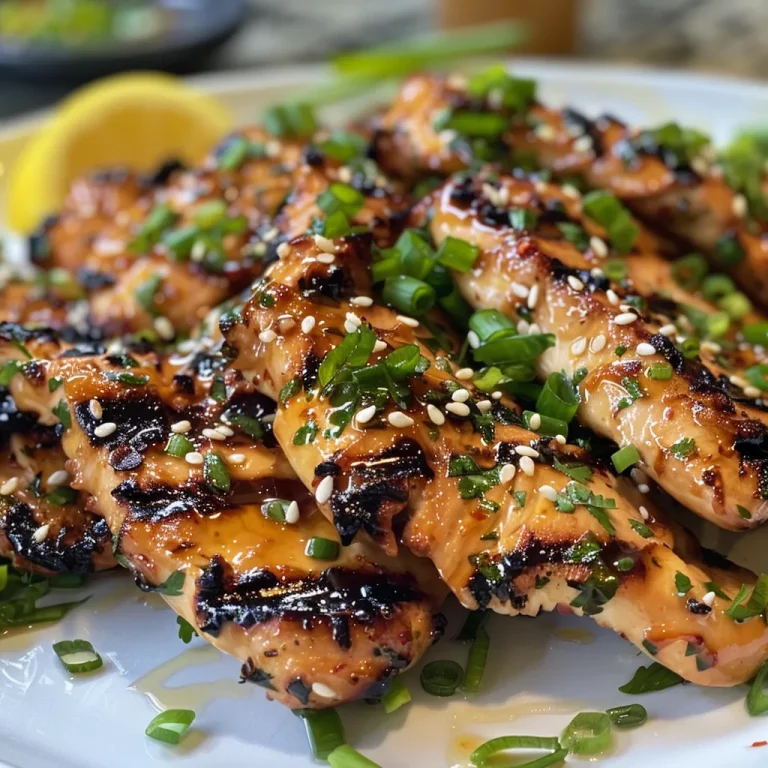 Close-up side view of juicy Asian grilled chicken cutlets garnished with sesame seeds.