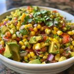 A close-up view of a colorful bowl of avocado corn salsa, showcasing pieces of avocado, corn, and diced vegetables.