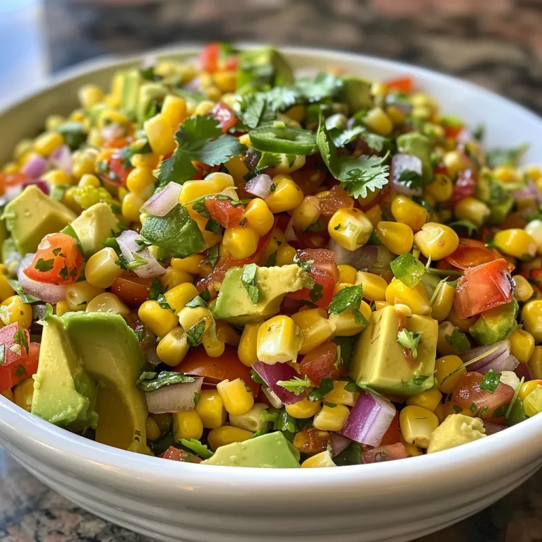 A close-up view of a colorful bowl of avocado corn salsa, showcasing pieces of avocado, corn, and diced vegetables.