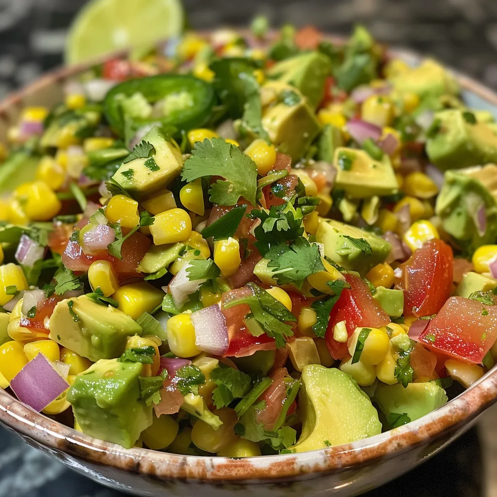 A side view of a vibrant avocado corn salsa filled with fresh ingredients like tomatoes, jalapeños, and cilantro.