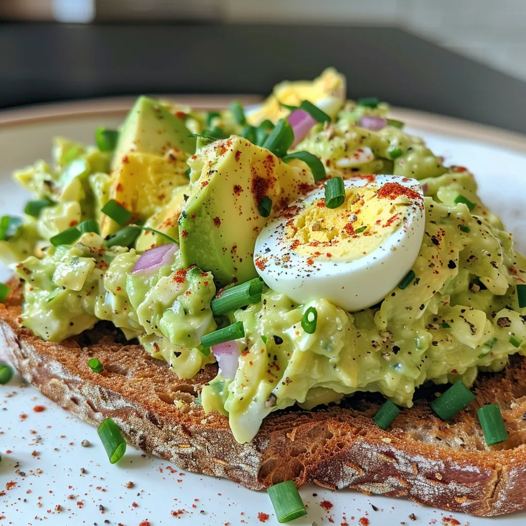Side view of a delicious avocado egg salad toast on whole-grain bread.